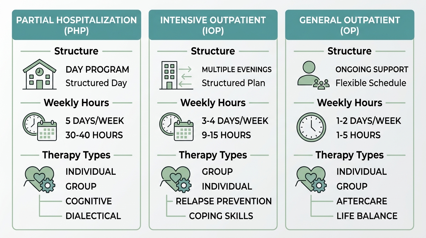 Comparison infographic of Rosewood Recovery's three outpatient treatment programs with columns for PHP, IOP, and OP showing structure, hours, and therapy types.