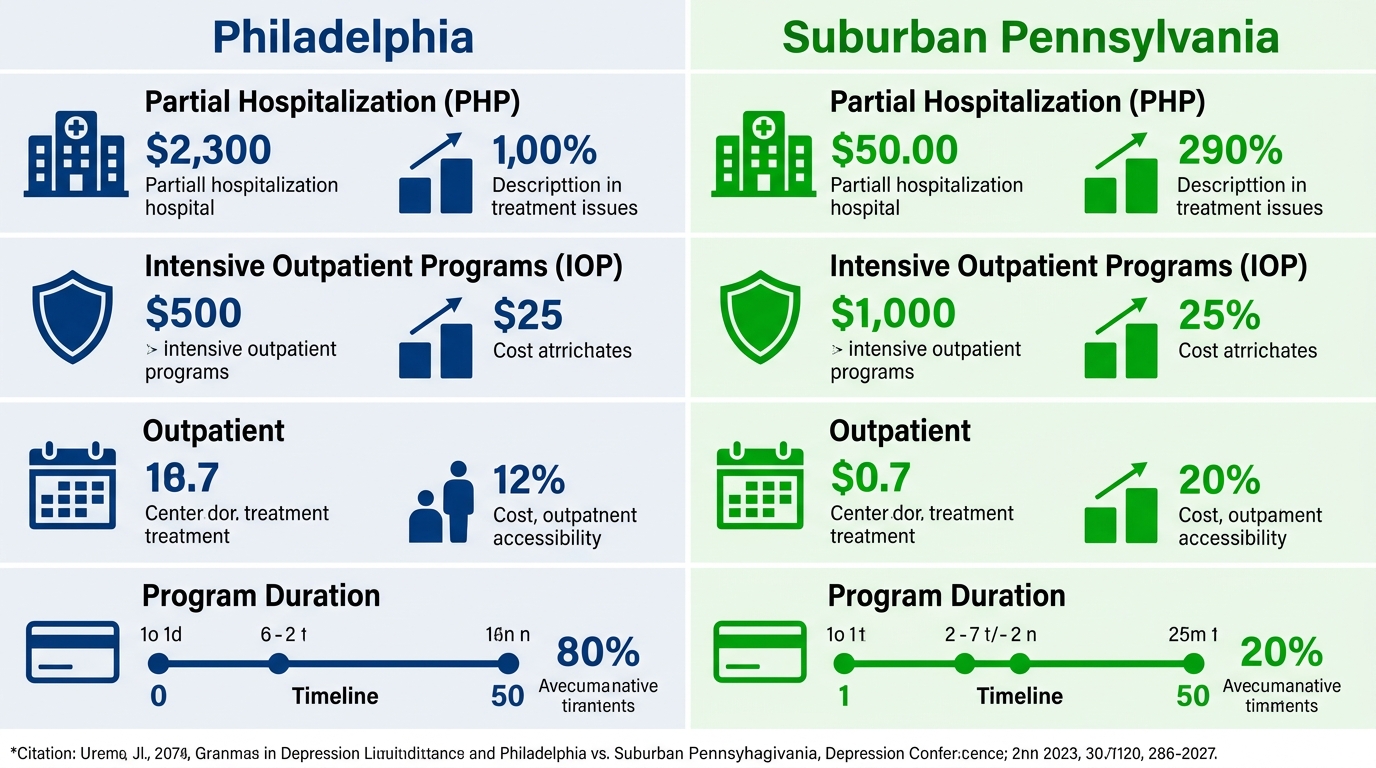 Comparison infographic of depression treatment options in Philadelphia and Suburban Pennsylvania, blue vs green columns showing levels of care, duration, and insurance acceptance