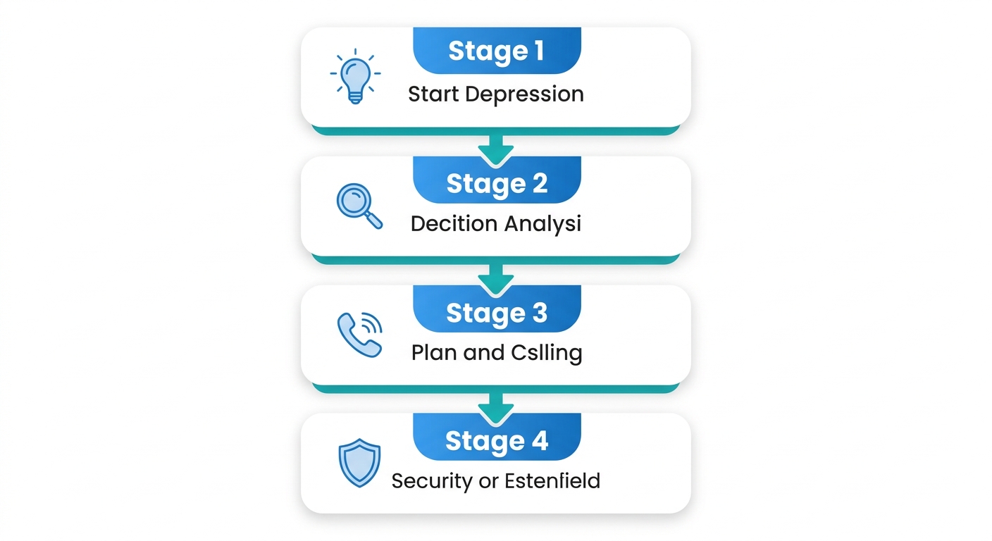 Four-step process for starting depression treatment in Philadelphia, showing stages from recognizing the need to verifying insurance.