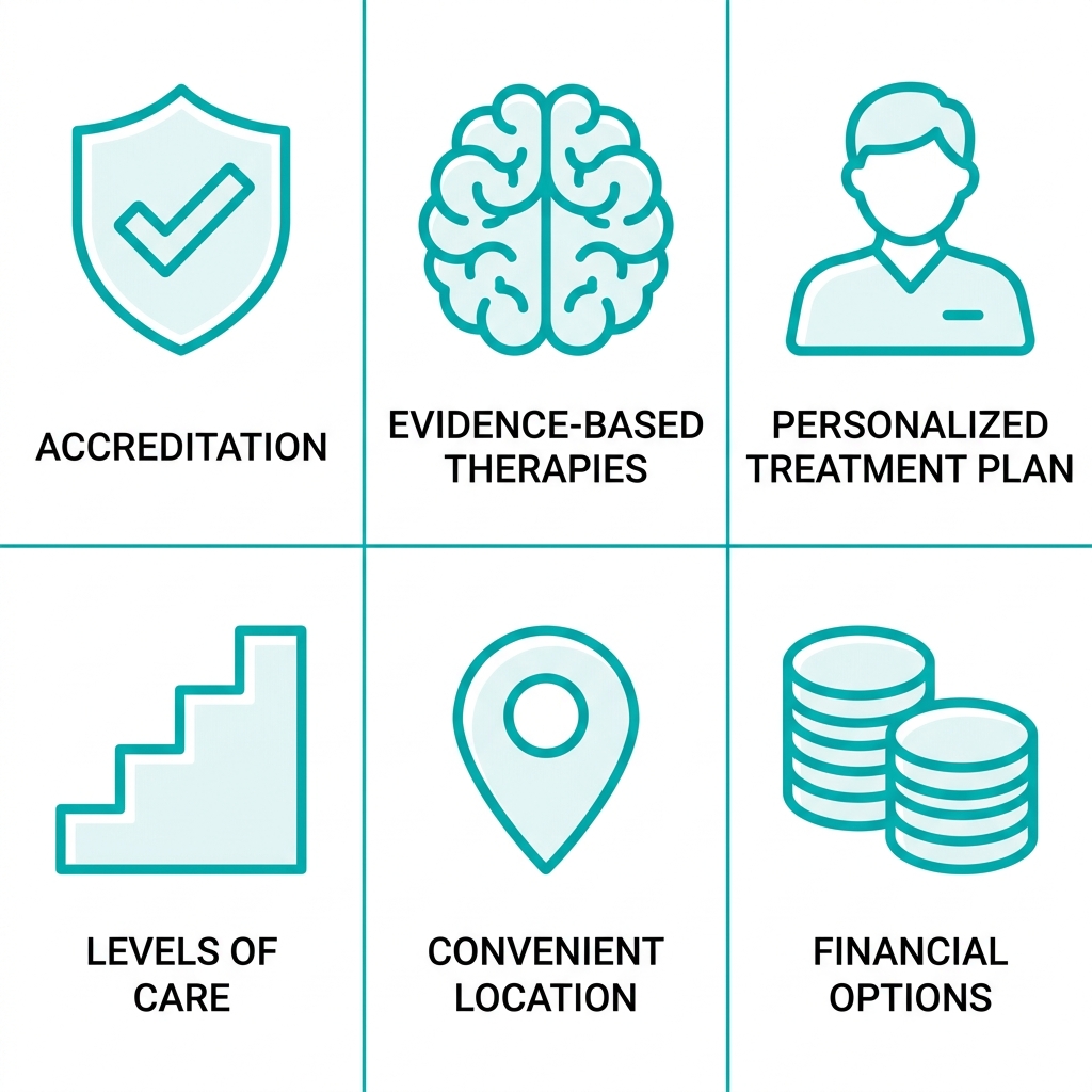 Icon grid showing six key factors for choosing drug rehab in Bucks County: accreditation, evidence-based therapies, personalized treatment plan, levels of care, convenient location, and financial options in teal outline style on white background