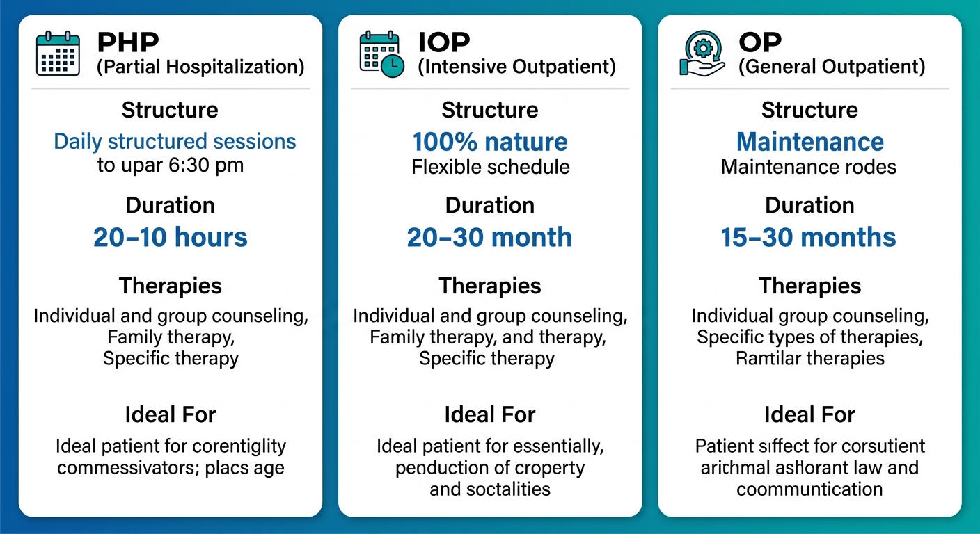 Comparison of outpatient addiction treatment programs offered in Bristol, Pennsylvania, showing Partial Hospitalization, Intensive Outpatient, and General Outpatient options with structure, duration, therapies, and ideal patient profile.
