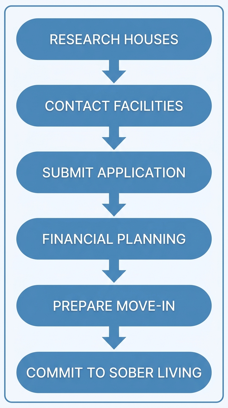 Vertical process flow diagram showing six steps to enter a sober living program in Philadelphia