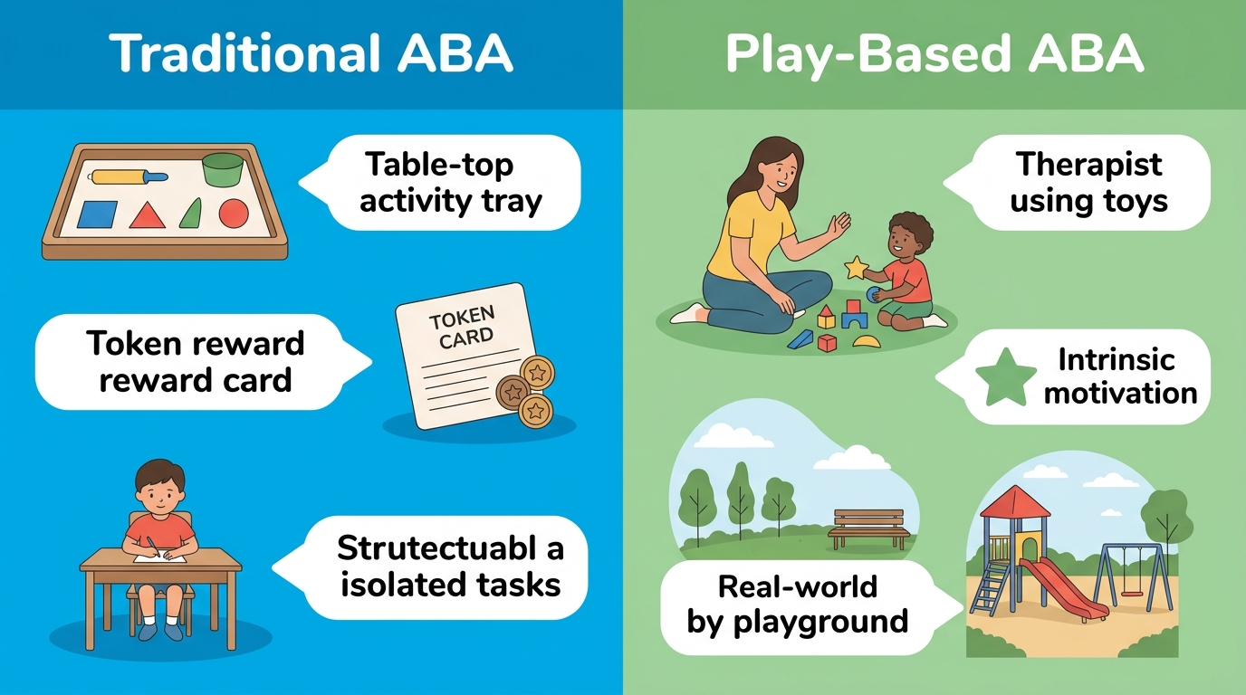 Comparison infographic contrasting traditional ABA therapy on the left with play-based ABA therapy on the right, using two-column icon layout, blue and green color palette