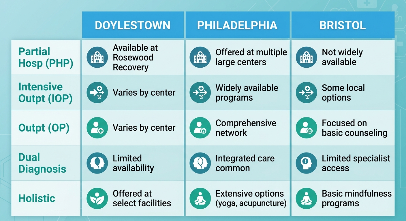 Treatment application options comparison infographic across Rosewood Recovery locations
