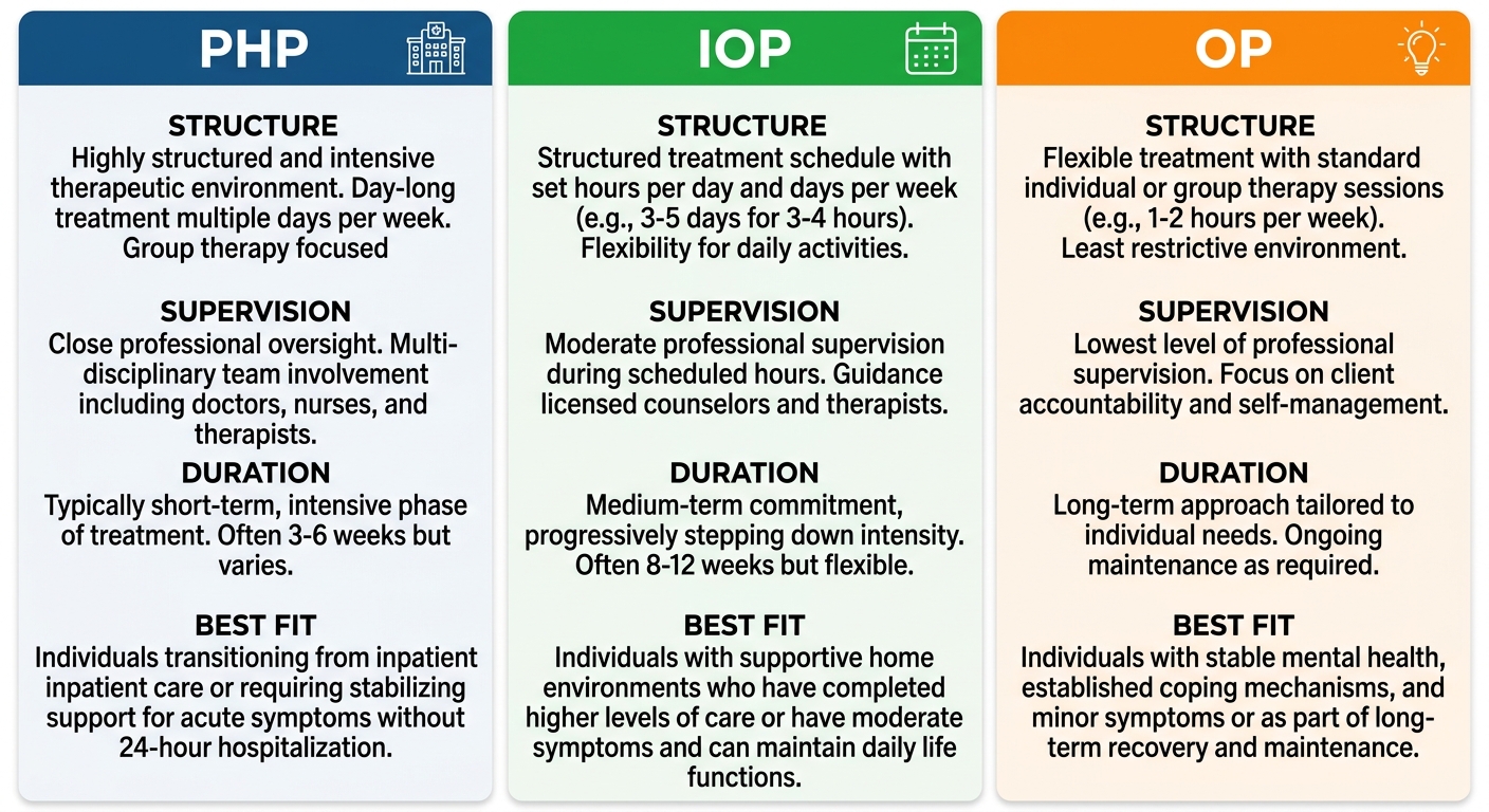 Infographic: Alcohol detox, PHP, IOP, OP comparison, hospital, calendar, lightbulb icons.