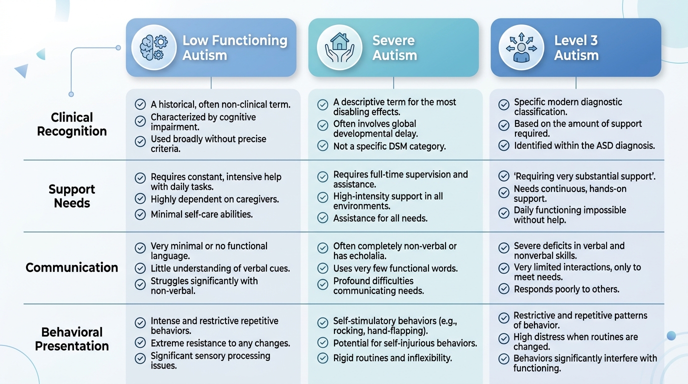 Infographic comparing Low Functioning Autism, Severe Autism, and Level 3 Autism with clinical criteria and checkmark points in three columns