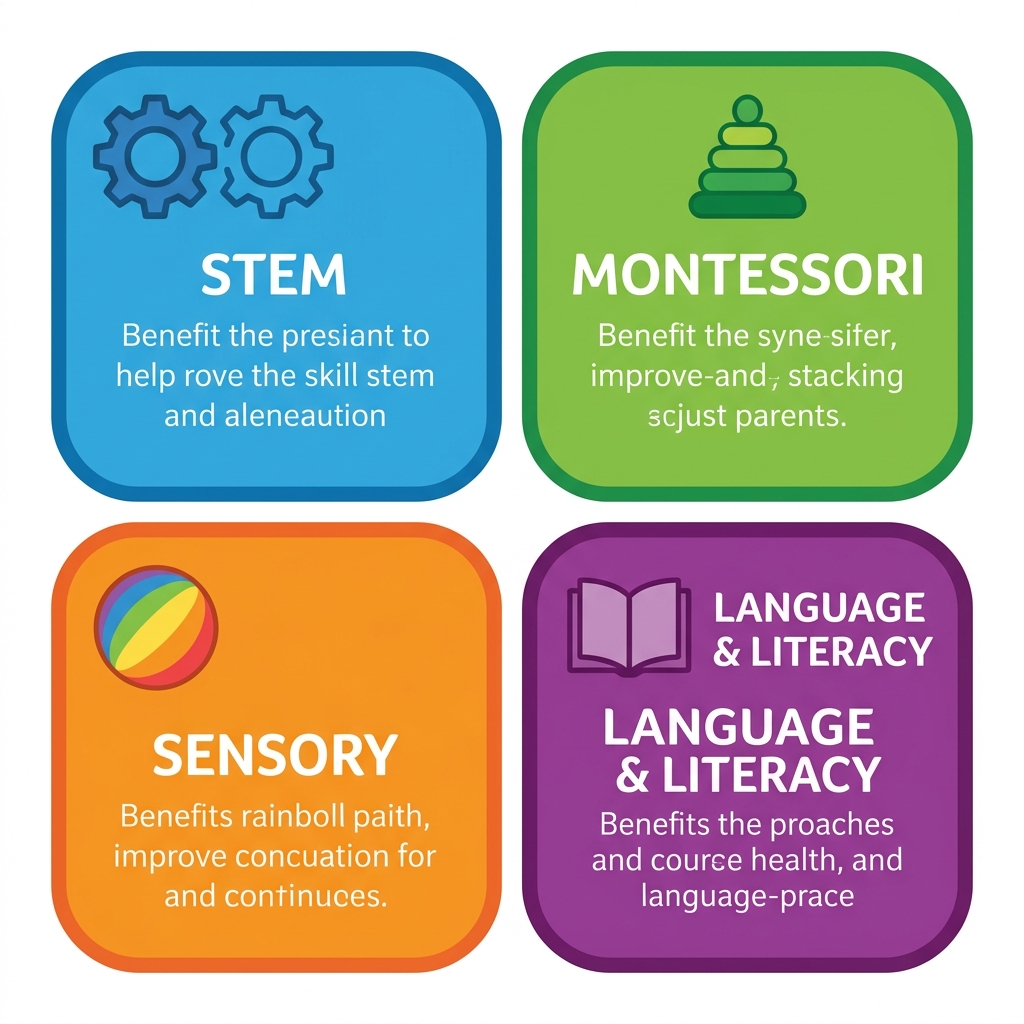 Infographic showing four categories of educational toys: STEM with gear icon, Montessori with stacking rings, Sensory with rainbow ball, and Language & Literacy with open book, each with short benefit description