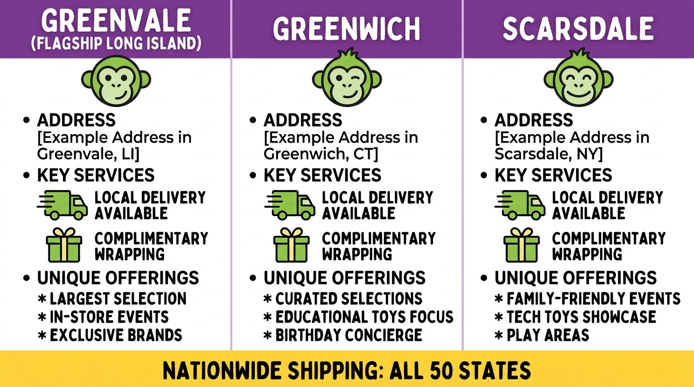 Infographic comparing Funky Monkey Toys locations in Greenvale, Greenwich, and Scarsdale, with services and nationwide shipping