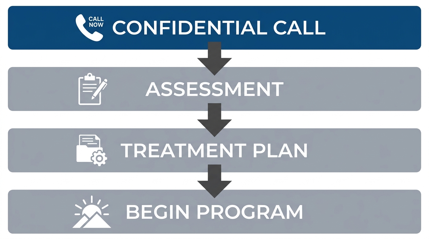 Vertical process flow showing four sequential steps to begin outpatient treatment: confidential phone call, comprehensive assessment, personalized treatment plan, and begin outpatient program.