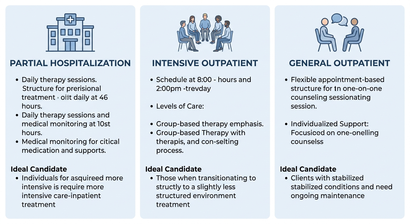 Three-column infographic comparing Partial Hospitalization (PHP), Intensive Outpatient (IOP), and General Outpatient (OP) treatment levels at Rosewood Recovery in Newtown, Pennsylvania