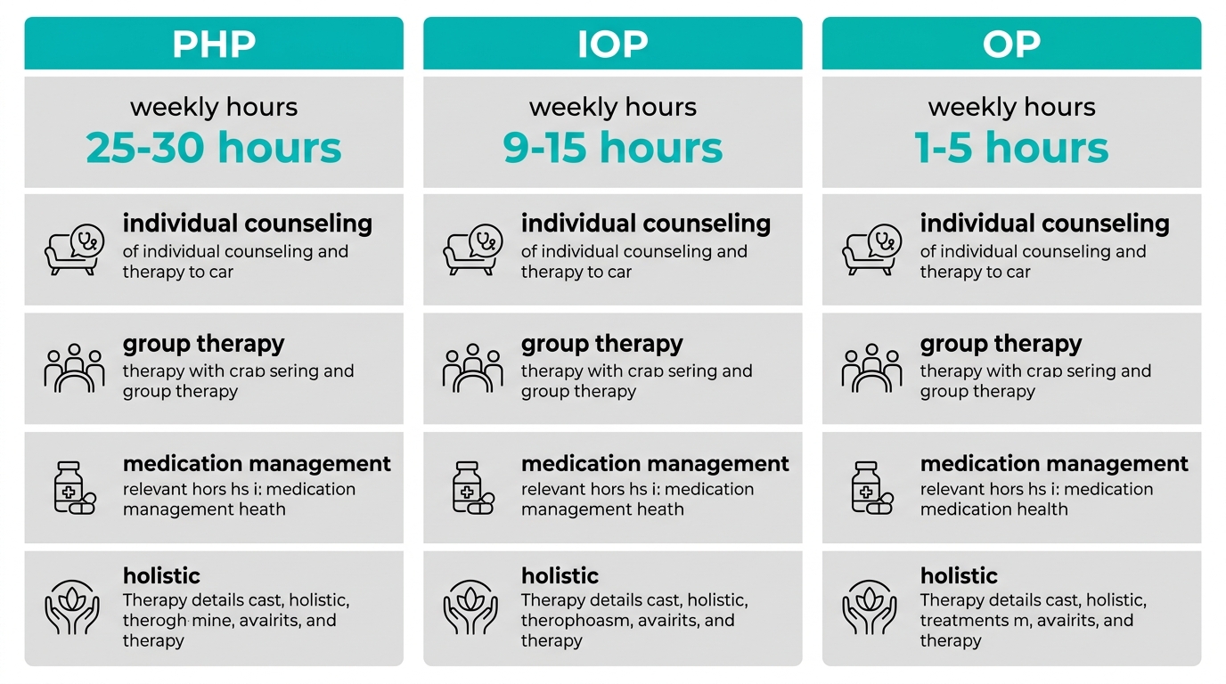 Visual comparison of PHP, IOP, and OP addiction treatment levels of care at Rosewood Recovery with therapy details and weekly hour metrics.