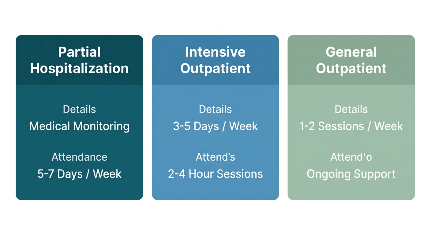 Three-column infographic comparing levels of addiction care: Partial Hospitalization Program (PHP), Intensive Outpatient Program (IOP), and General Outpatient Program (OP)