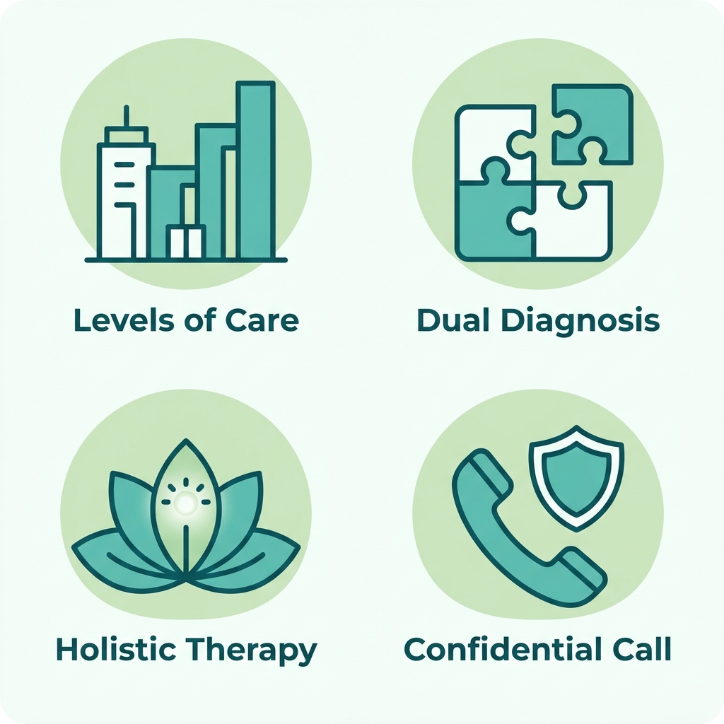 Icon set showing factors to consider when choosing an alcohol rehab facility near Levittown: Levels of Care, Dual Diagnosis Treatment, Holistic & Somatic Therapy, and Confidential Consultation.