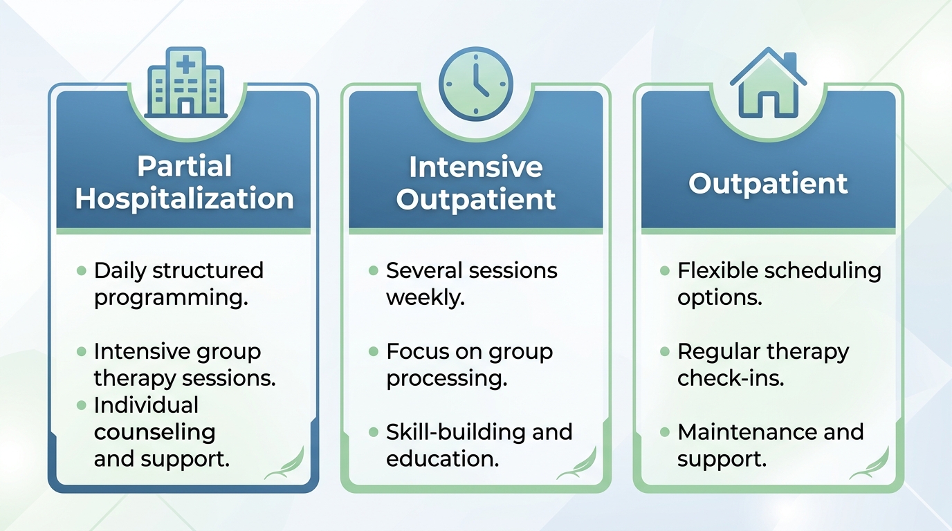 Rosewood Recovery outpatient program comparison showing three levels of care: PHP, IOP, and OP with icons for building, clock, and home, plus bullet point descriptions of structure and therapy types, designed with calming blue and green tones, professional and clear layout.