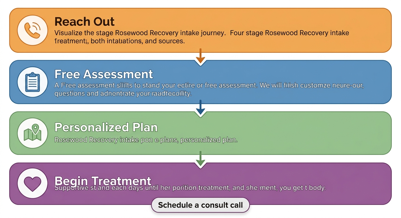 Vertical process flow with four steps: Reach Out, Free Assessment, Personalized Plan, and Begin Treatment, connected by downward arrows, with a call-out bubble below.