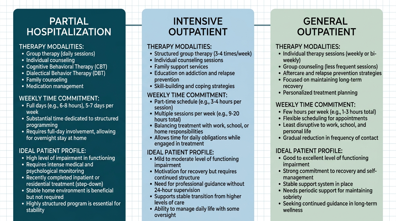 Comparison infographic of three addiction treatment levels: Partial Hospitalization, Intensive Outpatient, and General Outpatient, with key features listed per column.