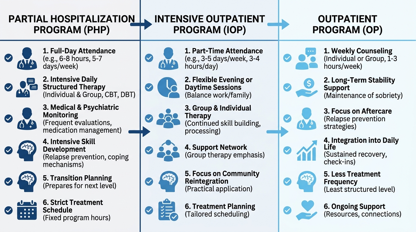 Comparative infographic of three alcohol rehab levels of care: PHP with daily therapy, IOP with flexible evening sessions, OP with weekly counseling.