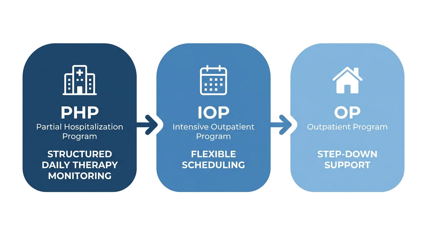 Rosewood Recovery continuum of care: PHP, IOP, and OP treatment levels