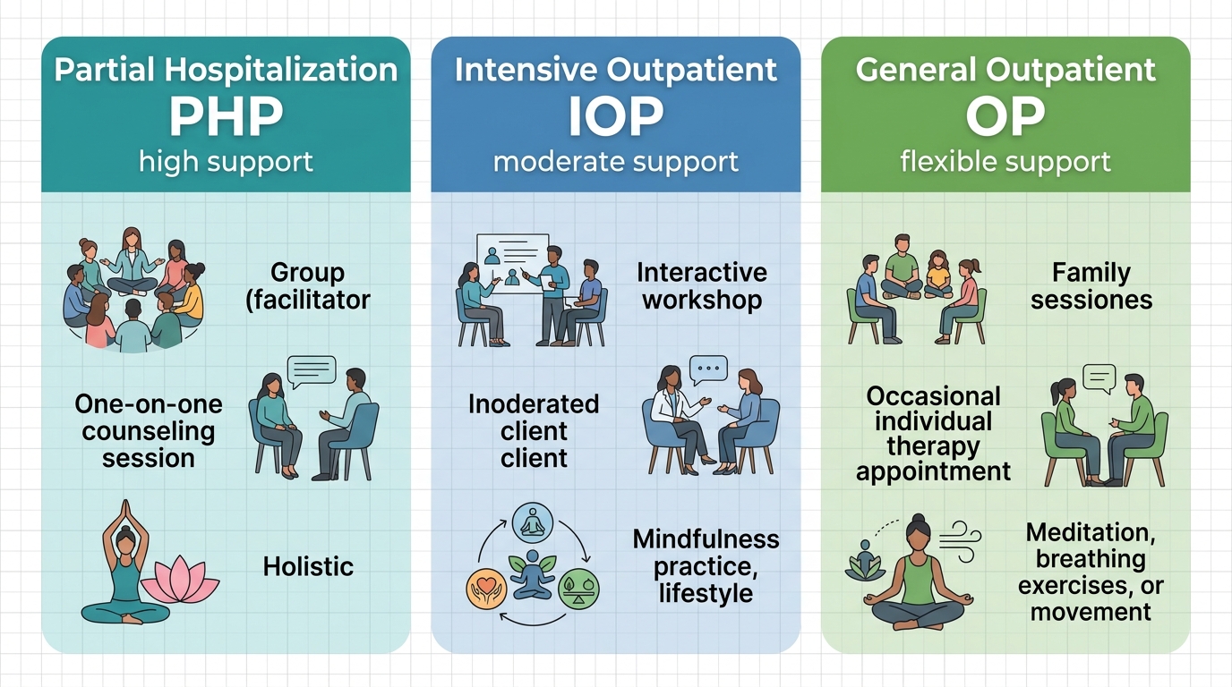 A calming infographic comparing three anxiety treatment levels across Bucks County for Levittown residents, with Partial Hospitalization in teal, Intensive Outpatient in blue, and General Outpatient in green, each featuring icons for therapy focus and weekly structure.