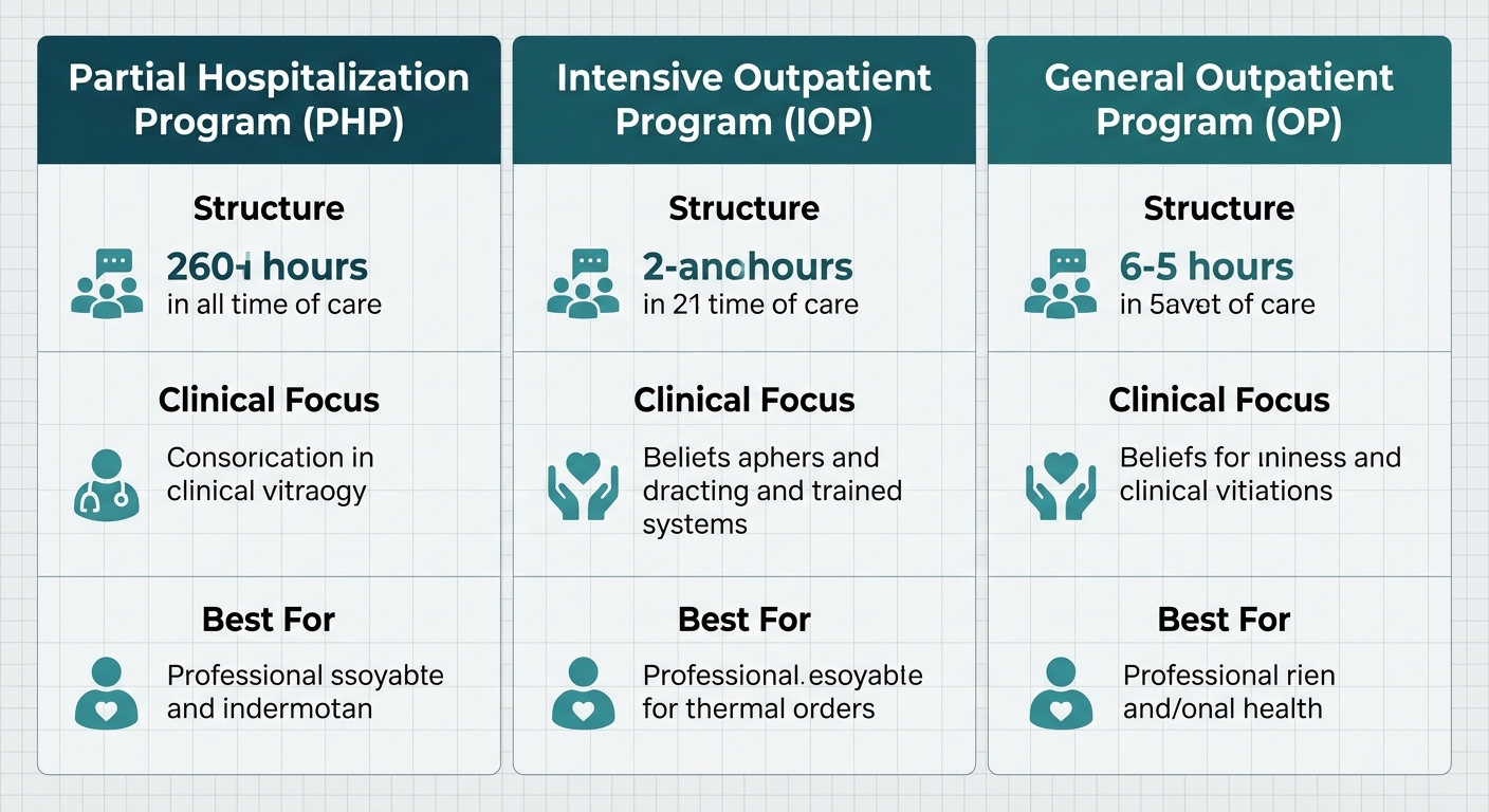 Three-column infographic comparing Rosewood Recovery's outpatient treatment levels: Partial Hospitalization Program, Intensive Outpatient Program, and General Outpatient Program