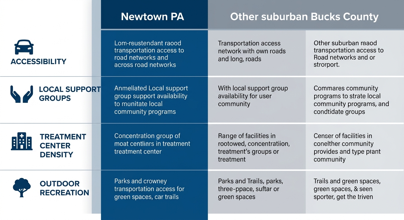 Infographic comparing Newtown PA versus other Bucks County suburban areas across four recovery factors: accessibility, support groups, treatment centers, and outdoor recreation