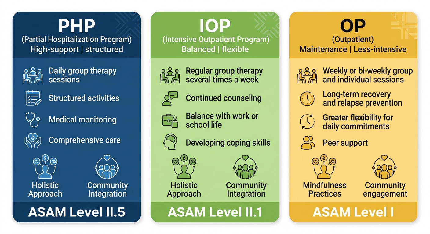 Infographic comparing three outpatient addiction treatment levels: Partial Hospitalization Program (PHP), Intensive Outpatient Program (IOP), and Outpatient Program (OP) with icon-cards.