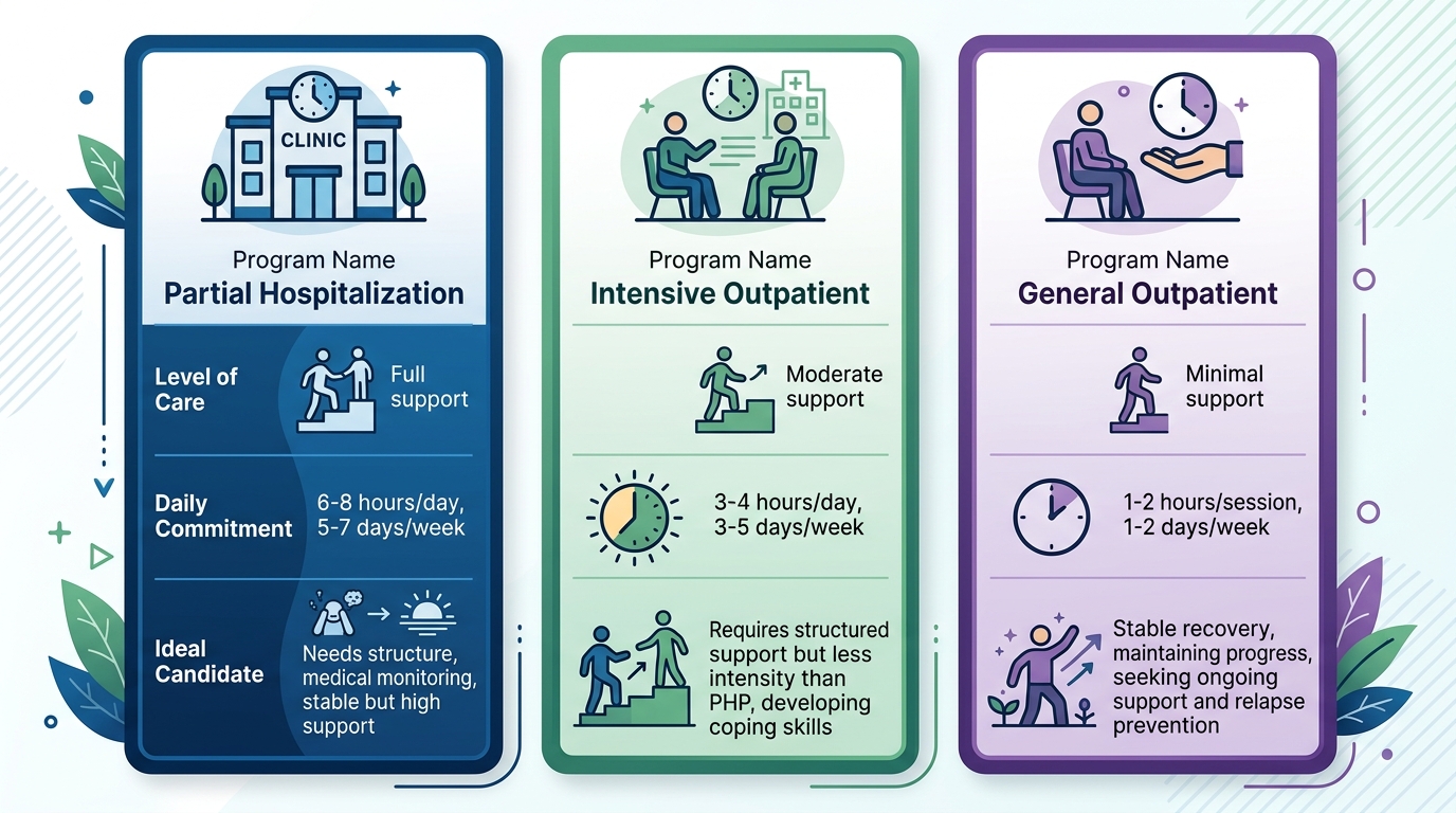 Three-column comparison of Rosewood Recovery's levels of care: Partial Hospitalization Program, Intensive Outpatient Program, General Outpatient Program with color-coded columns and icons