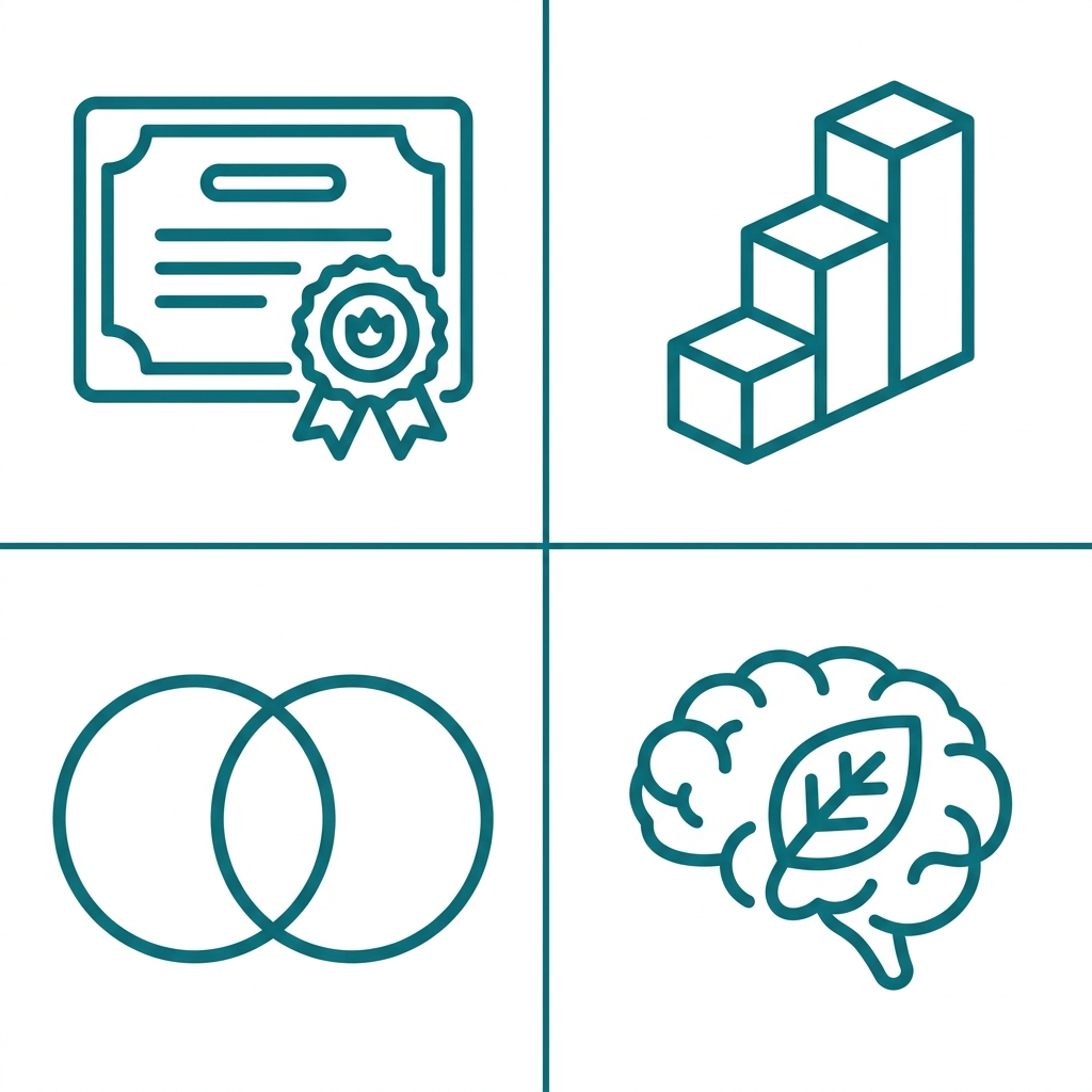 Icon set: Accreditation certificate, Levels of Care stacks, Dual Diagnosis interlocking circles, Holistic leaf and brain