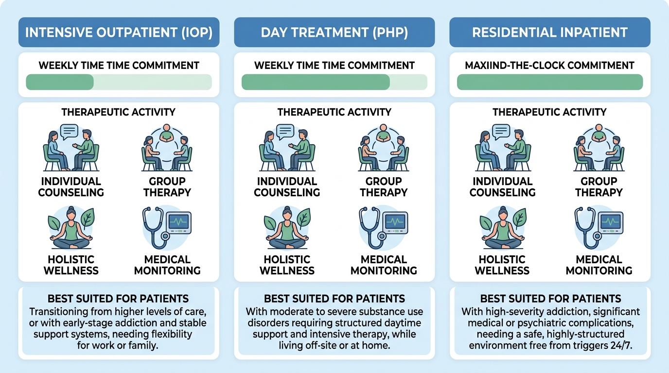 Three-column infographic comparing PHP, IOP, and OP treatment programs at Rosewood Recovery in Newtown, Pennsylvania
