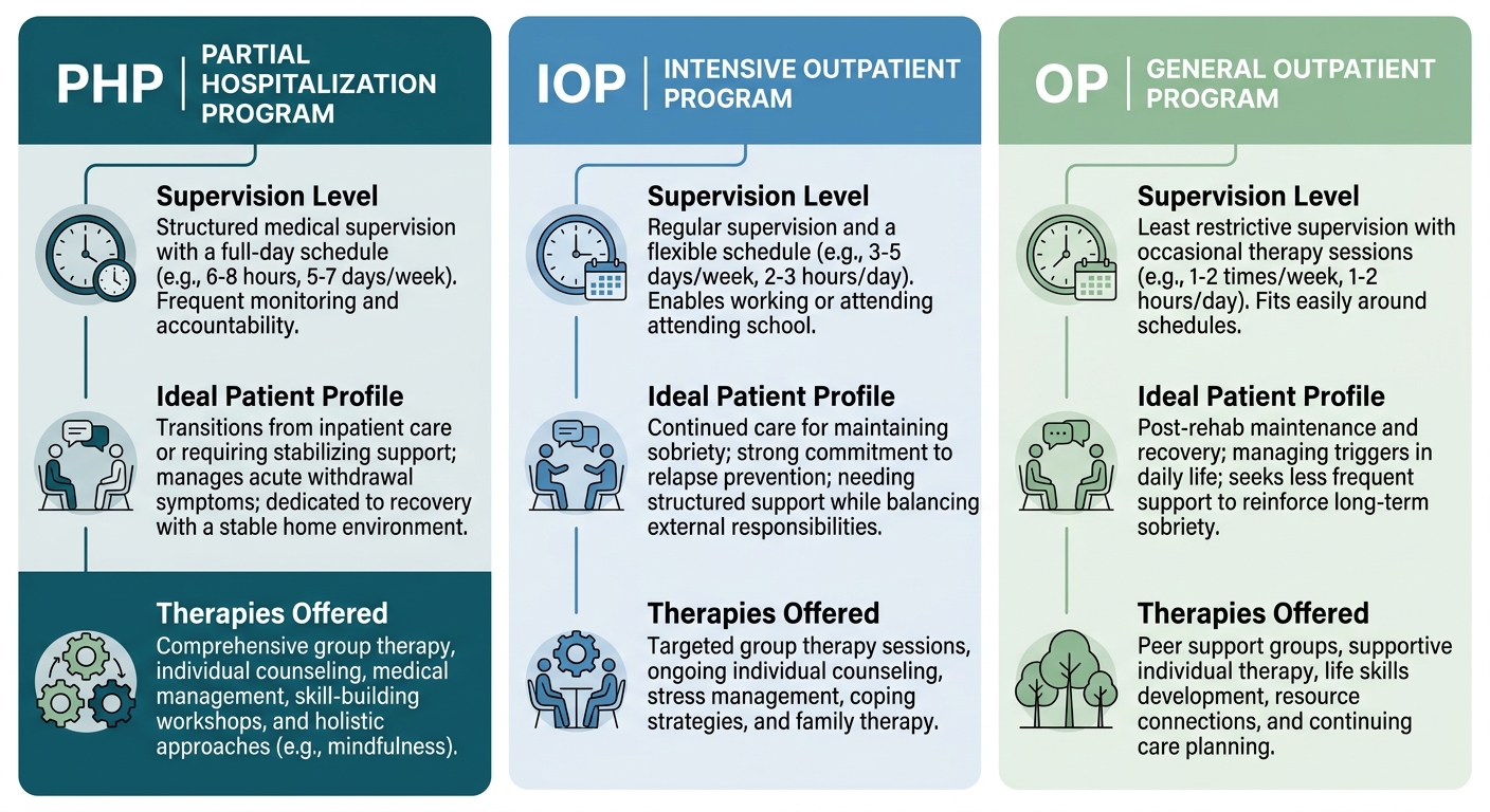 Comparison of three outpatient addiction treatment program levels: Partial Hospitalization (PHP), Intensive Outpatient (IOP), and General Outpatient (OP)