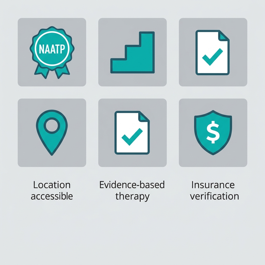 Five icons representing rehab selection criteria: NAATP accreditation seal, three-step staircase for levels of care, document with checkmark for evidence-based therapy, map pin for location accessibility, shield with dollar sign for insurance verification. Clean flat design in teal and gray.
