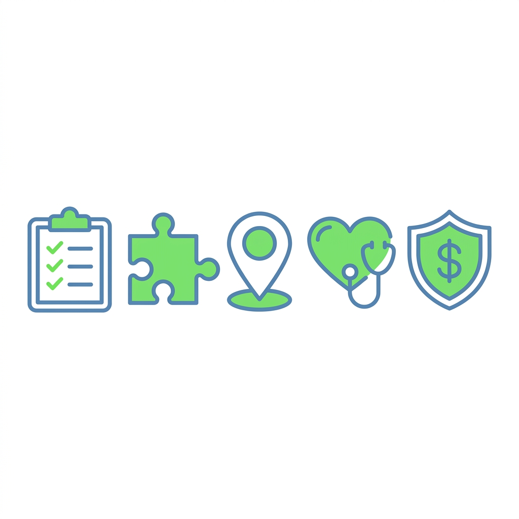 Set of 5 icons representing factors for choosing depression treatment in Newtown, Pennsylvania: clipboard with checkmarks, puzzle piece, map pin, heart with stethoscope, shield with dollar sign, outlined in blue and green on a white background.
