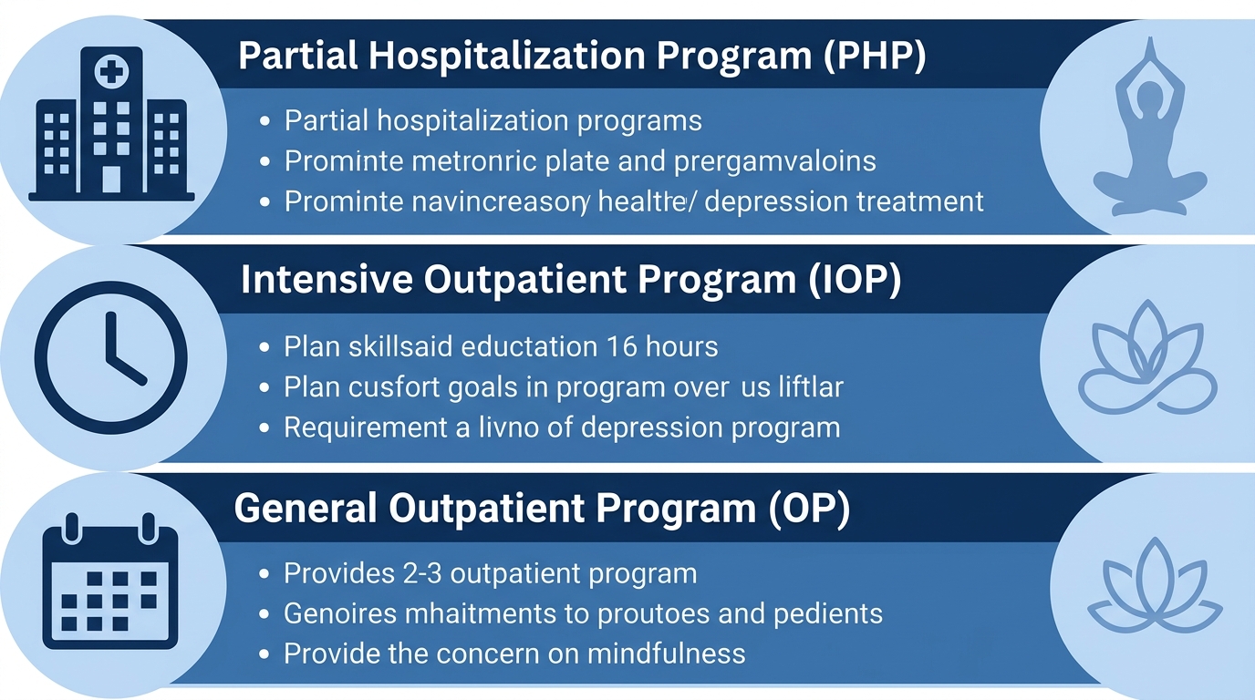 Comparison infographic of three depression treatment programs: Partial Hospitalization Program, Intensive Outpatient Program, and General Outpatient Program