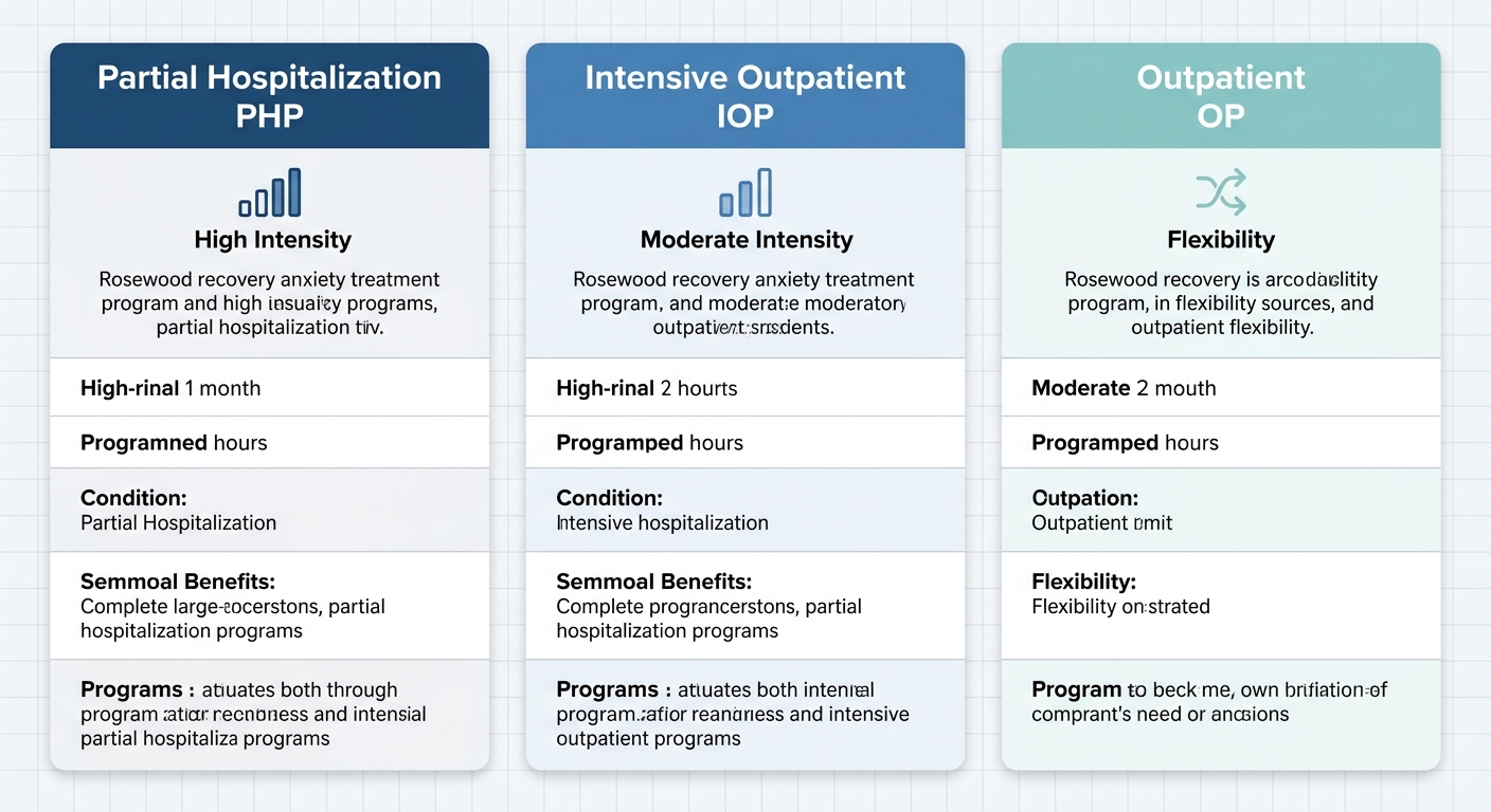 Three-column infographic comparing Partial Hospitalization, Intensive Outpatient, and Outpatient anxiety treatment programs at Rosewood Recovery