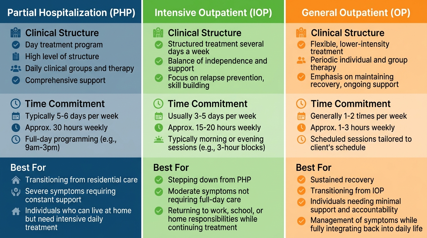 Infographic comparing Partial Hospitalization, Intensive Outpatient, and General Outpatient treatment levels at Rosewood Recovery.