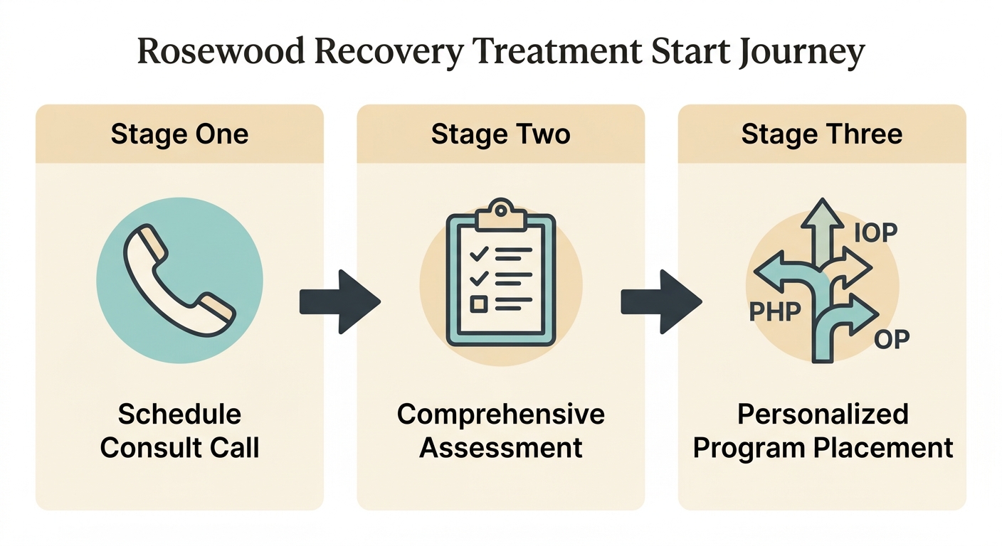 Three-step process flow for beginning addiction treatment at Rosewood Recovery, with stages for scheduling a consult call, comprehensive assessment, and personalized program placement.