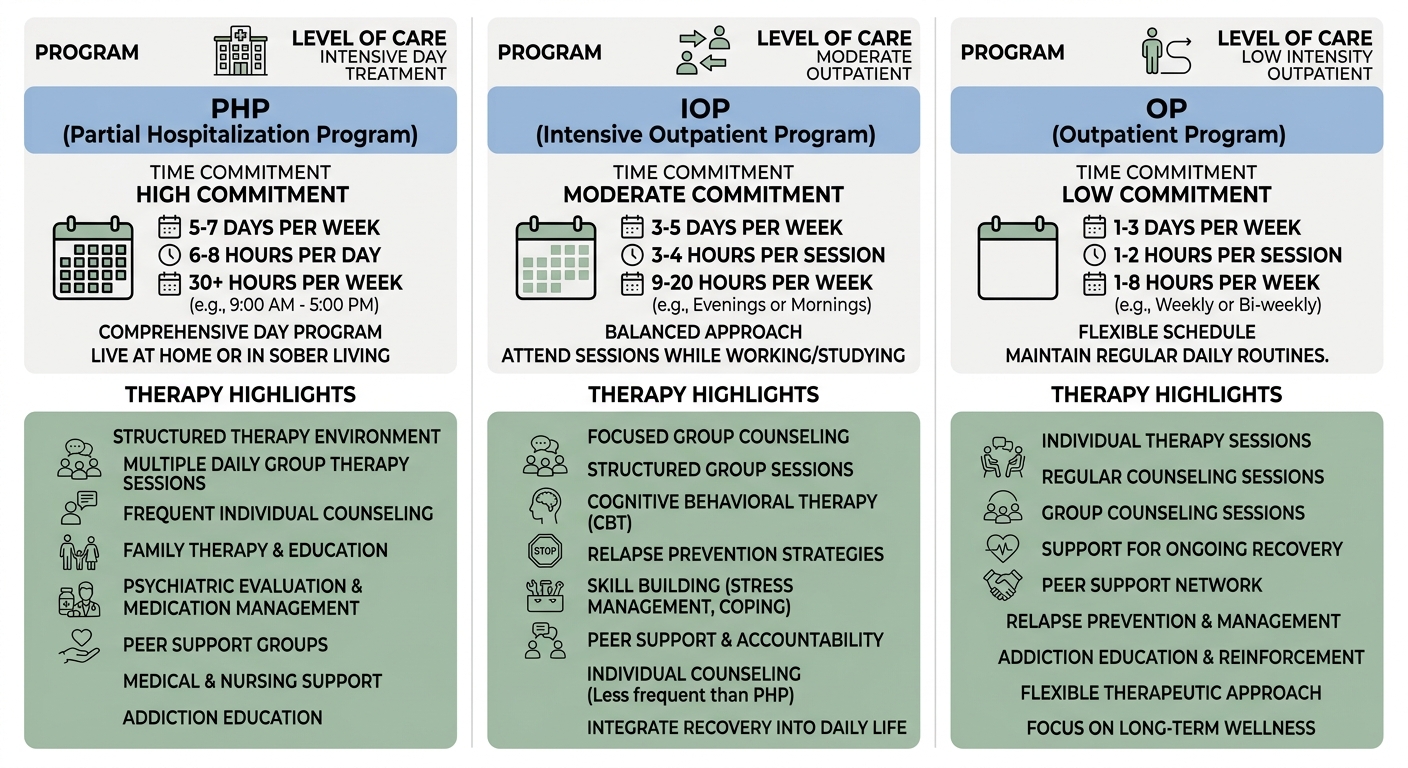 Visual comparison of three addiction treatment programs: PHP, IOP, and OP