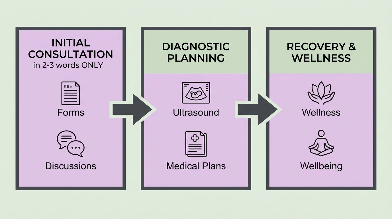 Horizontal process flow showing three stages of a women's health visit at First Class OBGYN in South Florida.