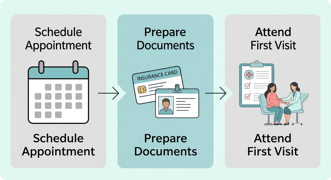 Three-step process flow for starting care at an OBGYN practice: Schedule Appointment, Prepare Documents, Attend First Visit, with arrows connecting each step