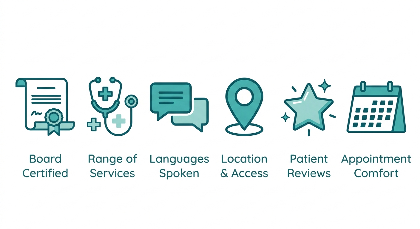 Six criteria for choosing a gynecologist: board certification, service range, language options, location, patient reviews, and consultation comfort, each with a teal icon.