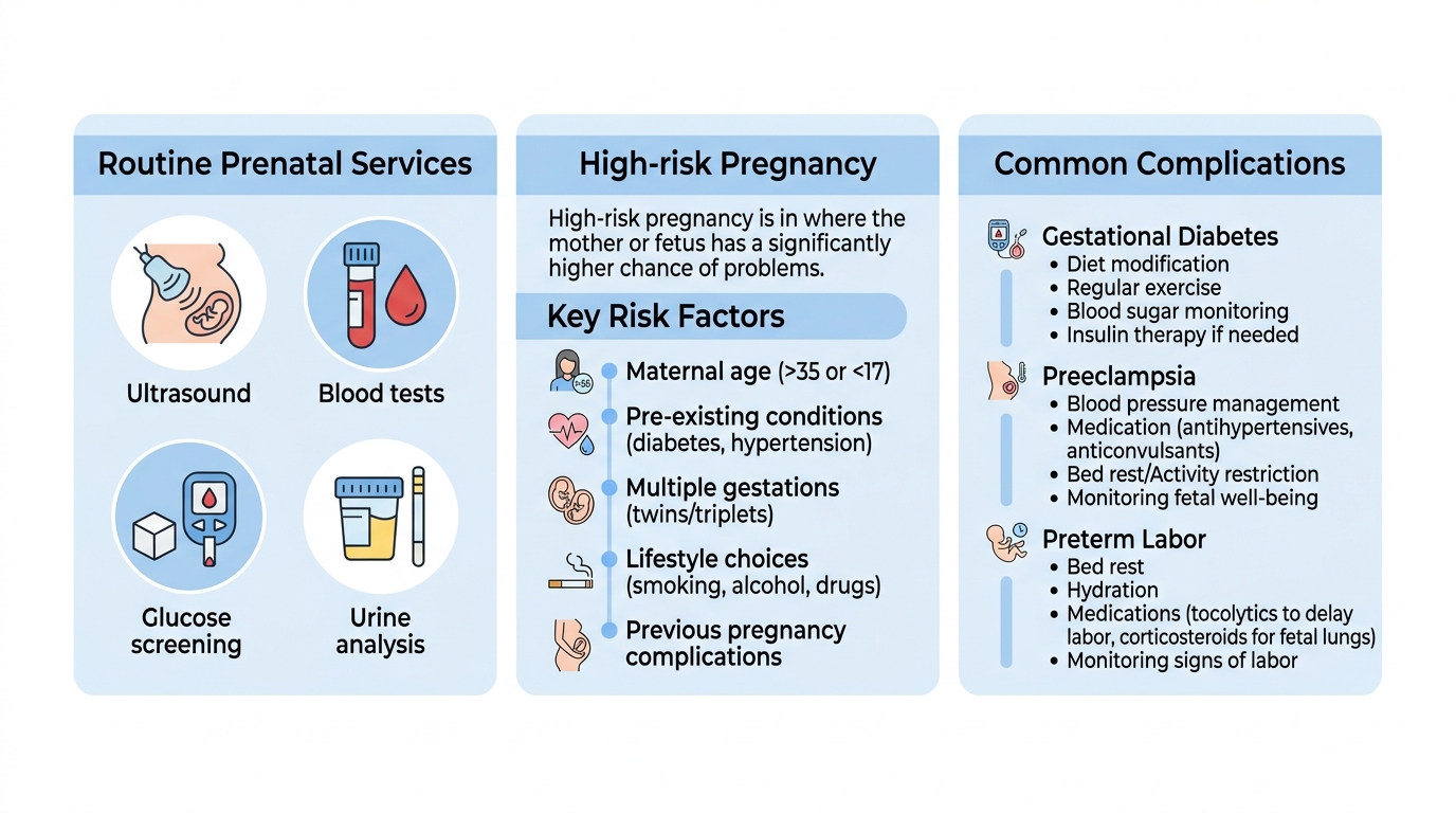 Prenatal care and high-risk pregnancy infographic with three panels showing routine services, risk factors, and complications in a soft blue and white palette.