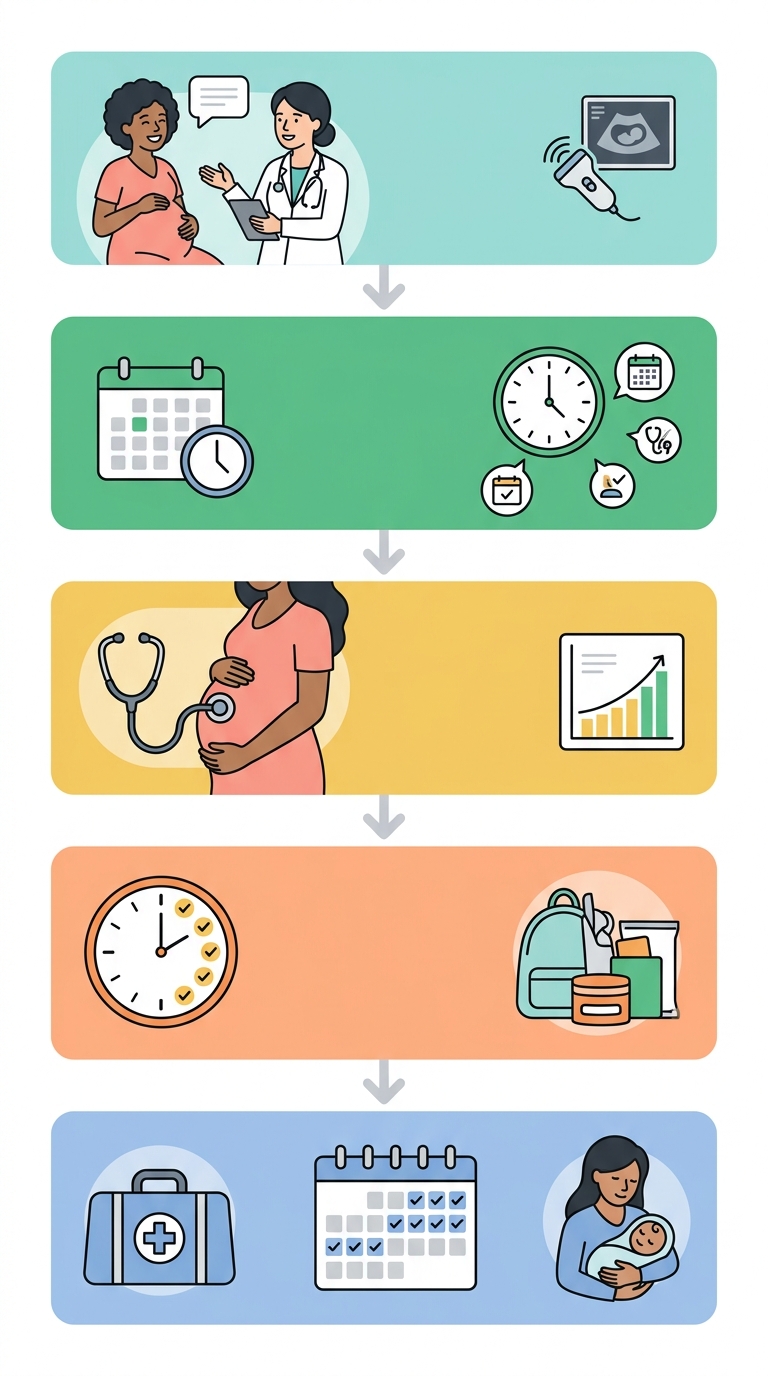 Prenatal care journey visualization from first visit to delivery with color-coded phases and medical icons