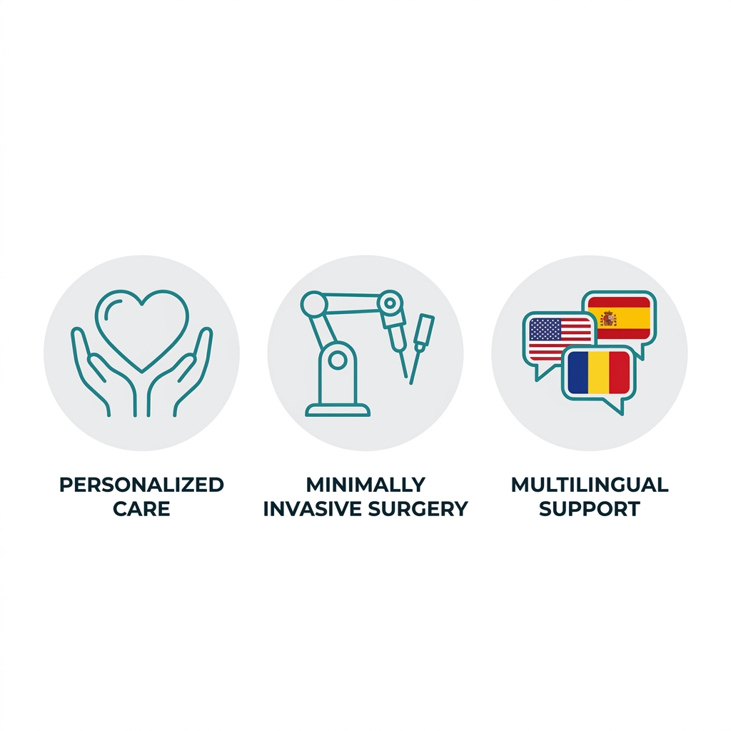 Three key benefits of choosing a top-rated OBGYN: personalized care, minimally invasive surgery, and multilingual support, displayed with icons on a clean white background.
