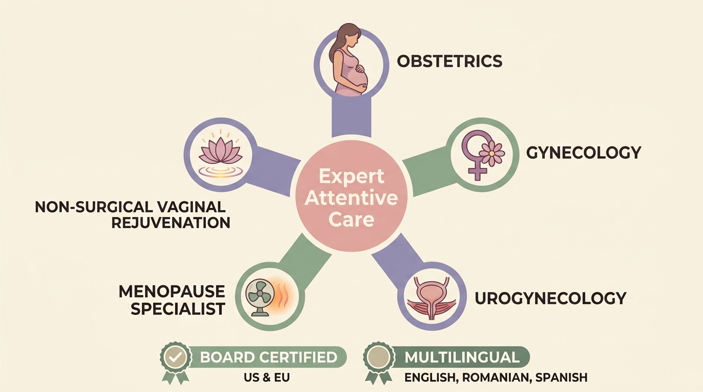 Expert Attentive Care infographic showing service spokes for obstetrics, gynecology, urogynecology, menopause specialist, and non-surgical vaginal rejuvenation, with board certification and multilingual badges.