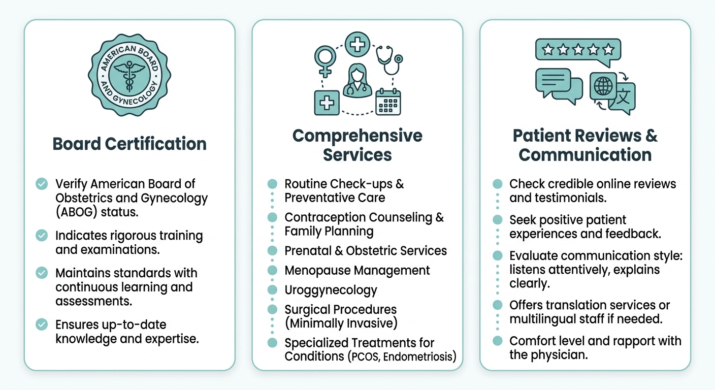 Infographic showing three key criteria for choosing a gynecologist: Board Certification, Comprehensive Services, and Patient Reviews & Communication, with modern teal and white design