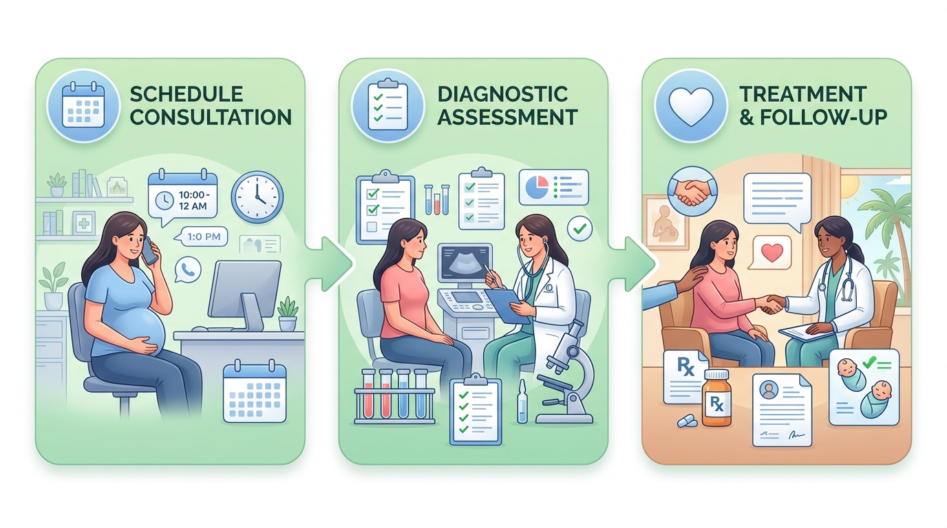 Three-step patient journey through First Class OBGYN: consultation scheduling, diagnostic assessment and personalized plan, treatment and follow-up care.