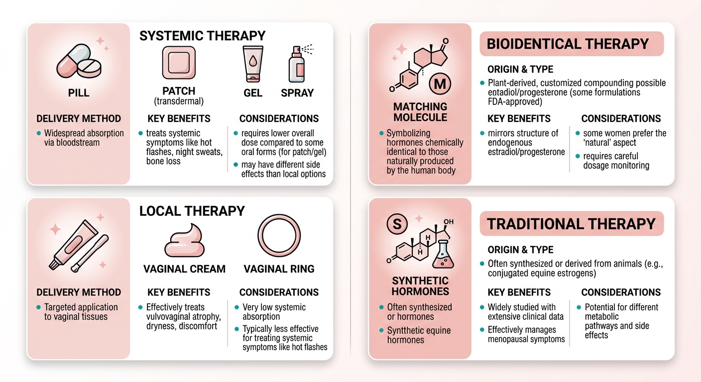 Infographic comparison of systemic versus local hormone therapy and bioidentical versus traditional hormones with pill, patch, gel, and vaginal cream icons