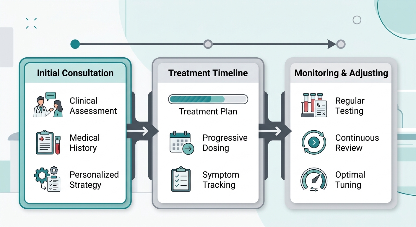 Hormone therapy process at First Class OBGYN showing consultation, timeline, and monitoring stages.
