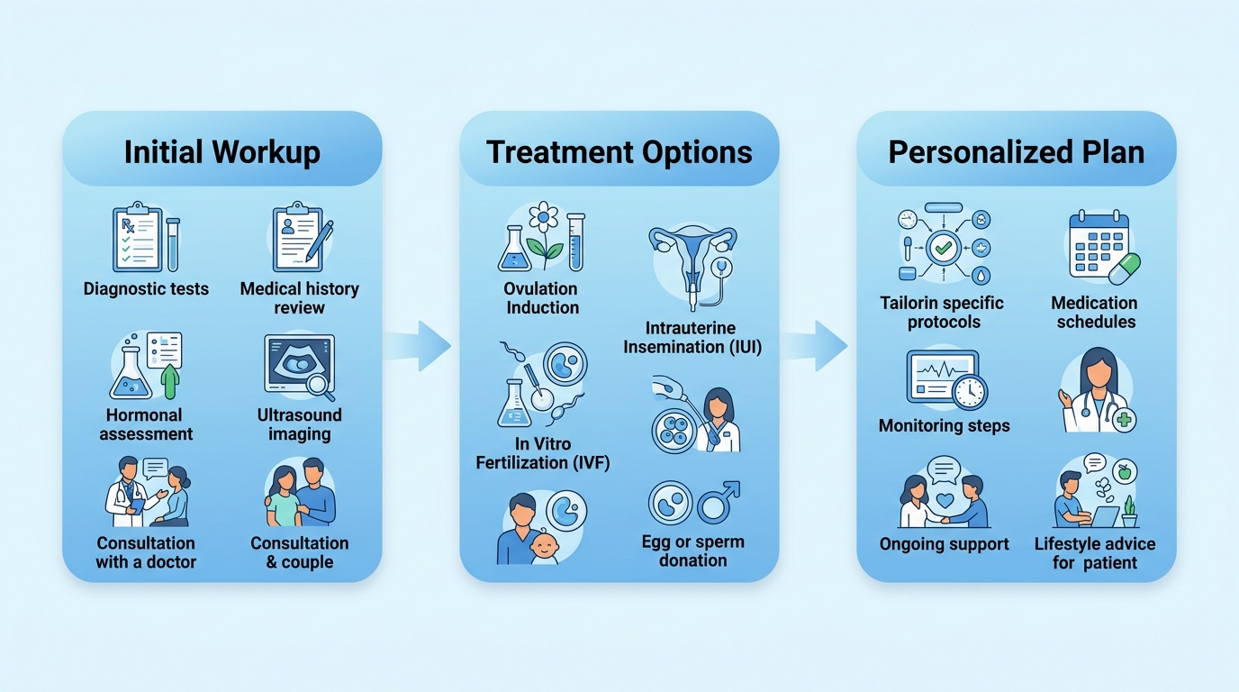 Horizontal process-flow showing three stages: Initial Workup, Treatment Options, and Personalized Plan, connected sequentially.