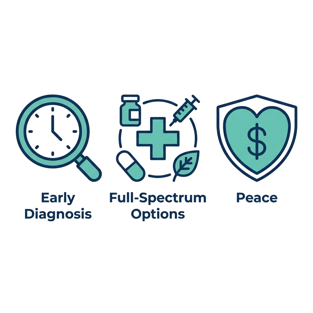 Icon set illustrating key advantages of consulting a fertility specialist early, including early diagnosis, full-spectrum treatment options, and emotional and financial peace.